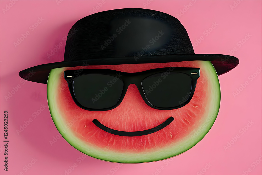 Smiling Watermelon Slice Wears Hat and Sunglasses on Pink Background Smiling Watermelon Slice Wears Hat and Sunglasses on Pink Background