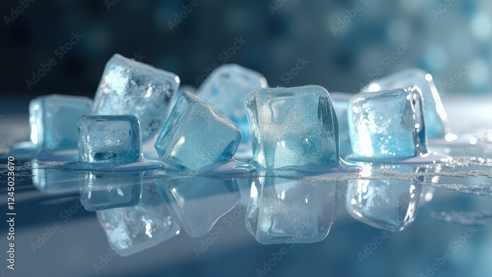 Melting ice cubes with scattered water droplets on a reflective blue surface	