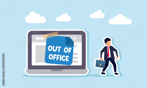 Businessman walks away from a laptop with a note saying OUT OF OFFICE, illustration of taking leave from work, resigning, or a do not disturb status