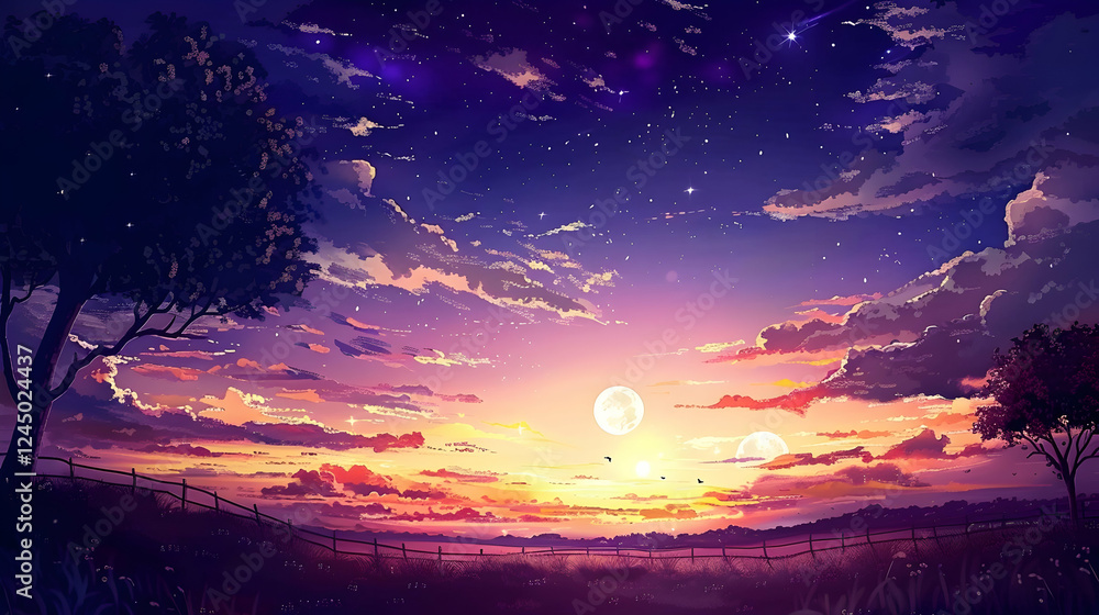 Serene sunset over a tranquil landscape with two moons illuminating the sky, creating a dreamy atmosphere Serene sunset over a tranquil landscape with two moons illuminating the sky, creating a dreamy atmosphere
