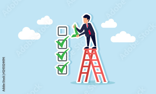 Businessman climbs stairs to check off a checklist, illustration of effort in completing a business task list