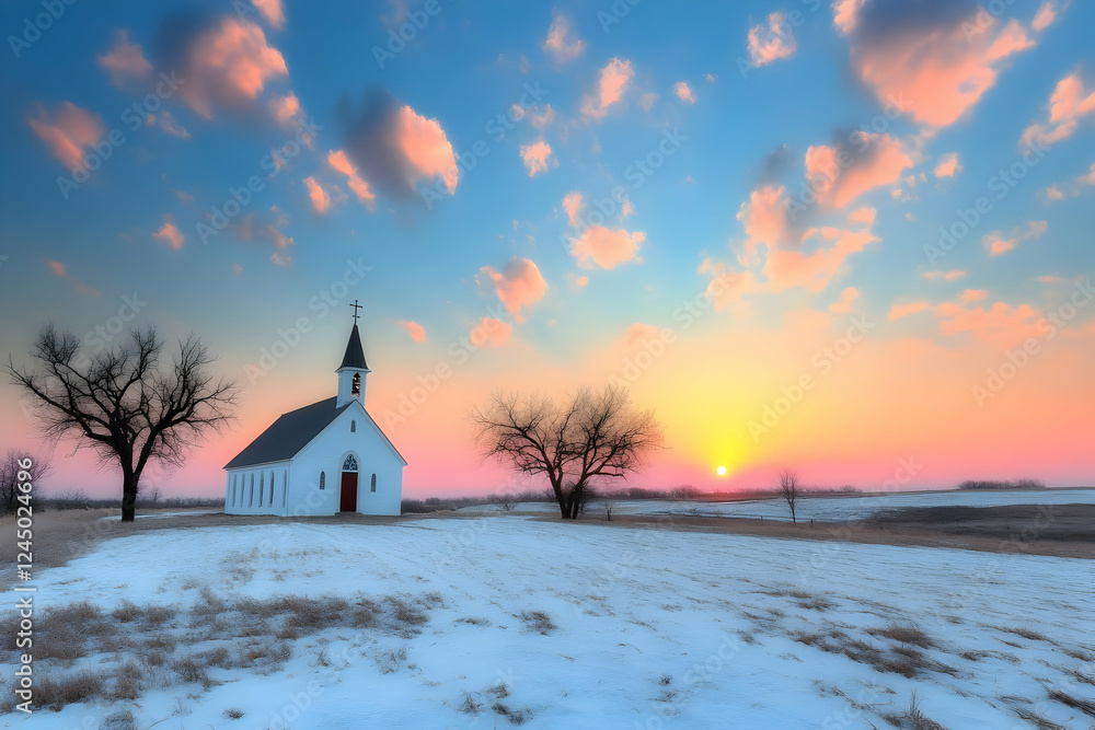 Serene Country Church Stands in Snowy Field at Sunset with Pink and Blue Sky Serene Country Church Stands in Snowy Field at Sunset with Pink and Blue Sky