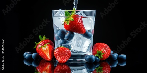 Fresh strawberries and blueberries placed around a glass filled with ice and clear water, showcasing vibrant colors on a dark background photo