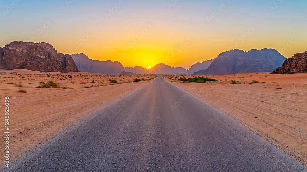 Serene Desert Road at Sunset with Majestic Mountains in Background Serene Desert Road at Sunset with Majestic Mountains in Background