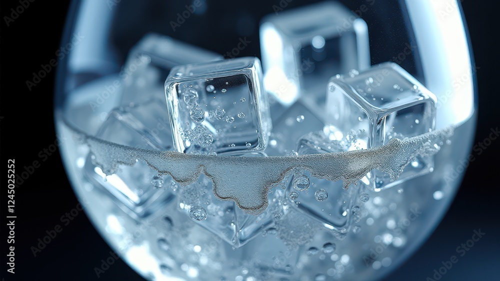 Glass filled with ice cubes and sparkling water with condensation on the surface Glass filled with ice cubes and sparkling water with condensation on the surface