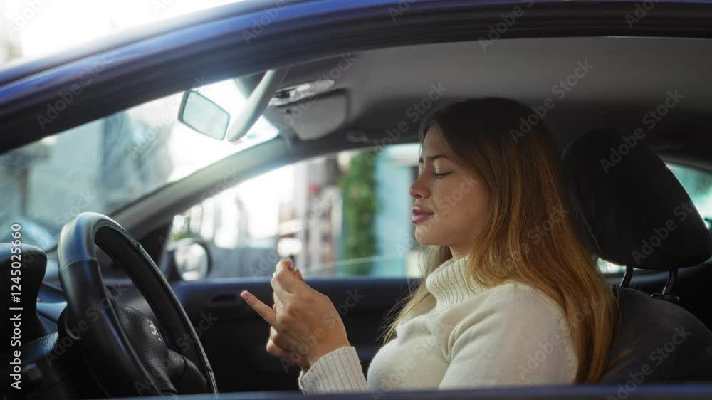 Woman in car adjusting mirror and applying makeup on urban street exhibiting multitasking and city lifestyle Woman in car adjusting mirror and applying makeup on urban street exhibiting multitasking and city lifestyle