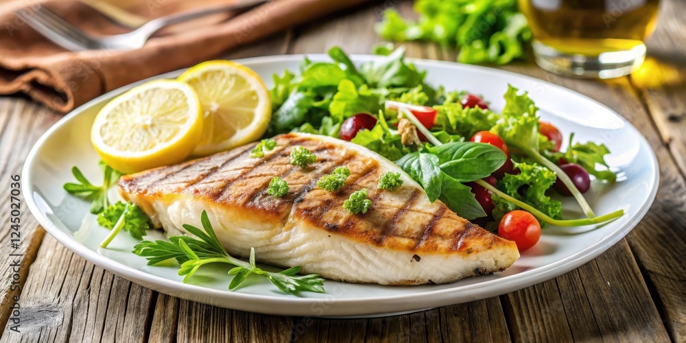 A juicy grilled fish fillet served with a side of mixed greens salad and a lemon wedge , fish, healthy, fish, healthy, fisherman A juicy grilled fish fillet served with a side of mixed greens salad and a lemon wedge , fish, healthy, fish, healthy, fisherman