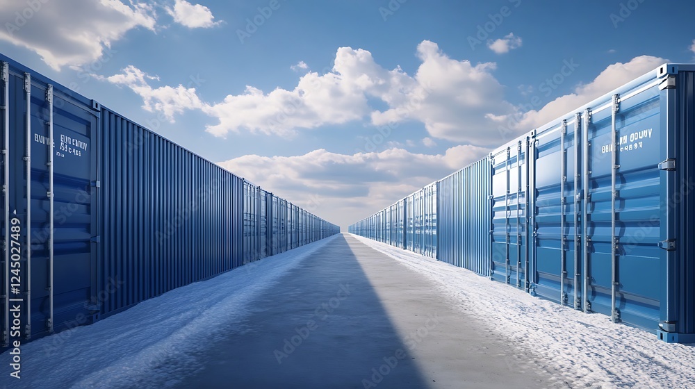 Endless Rows of Blue Shipping Containers in a Snowy Landscape Endless Rows of Blue Shipping Containers in a Snowy Landscape
