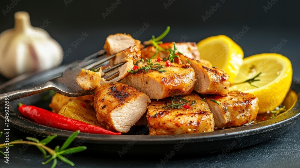 Grilled Chicken with Garlic, Lemon, and Fresh Herbs on Black Plate Grilled Chicken with Garlic, Lemon, and Fresh Herbs on Black Plate
