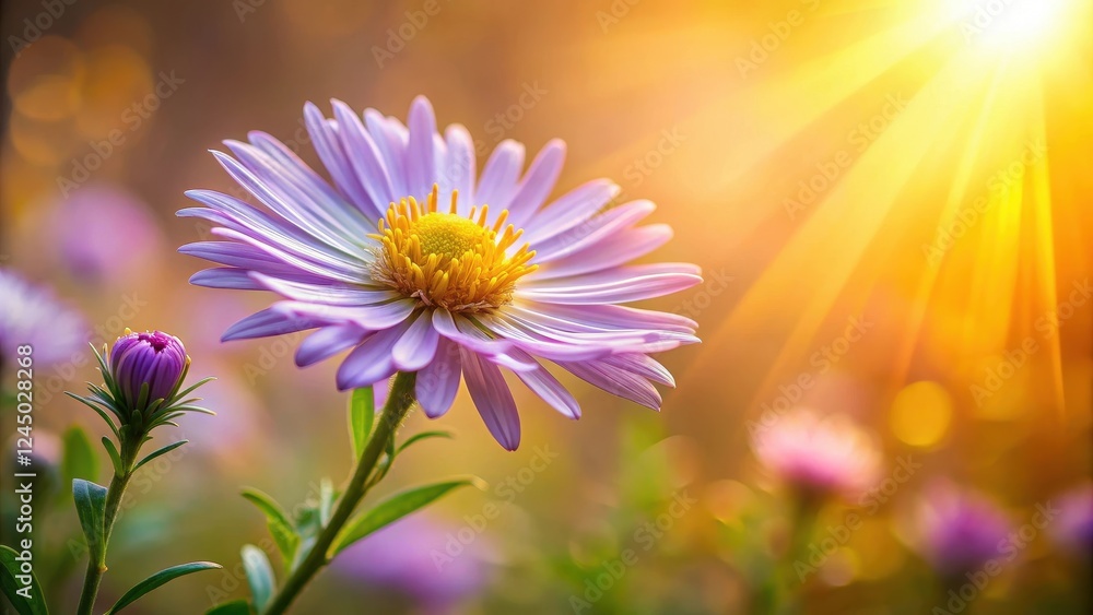 Delicate aster flower blooms in a warm summer glow, its petals softly unfurling towards the light, bloom, flower, bloom Delicate aster flower blooms in a warm summer glow, its petals softly unfurling towards the light, bloom, flower, bloom