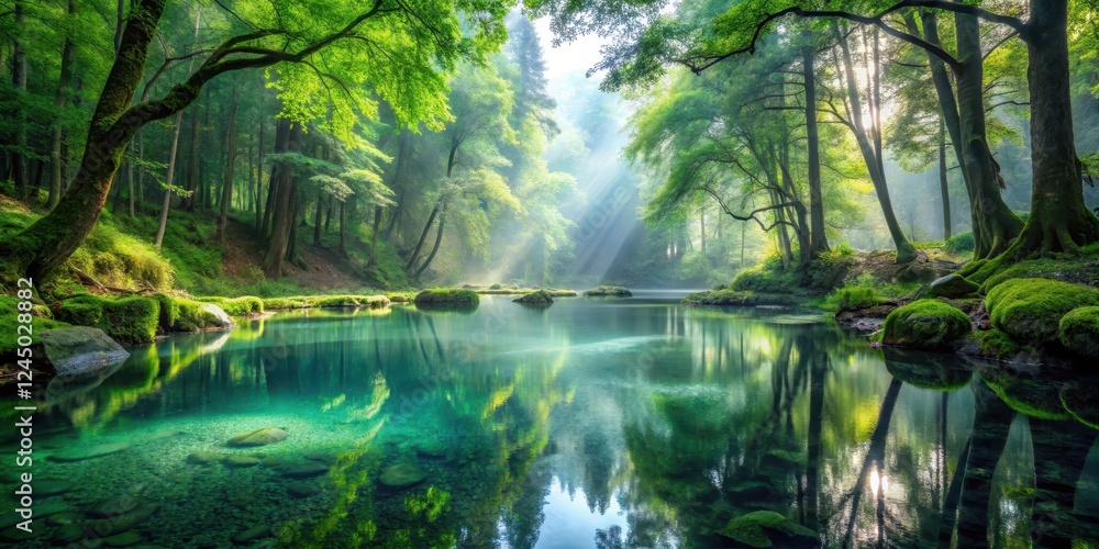 Fototapeta premium Misty forest glade with crystal-clear pool reflecting verdant canopy above,