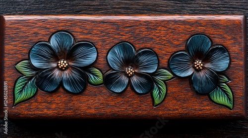 Dark blue leather flowers carved on wooden box photo