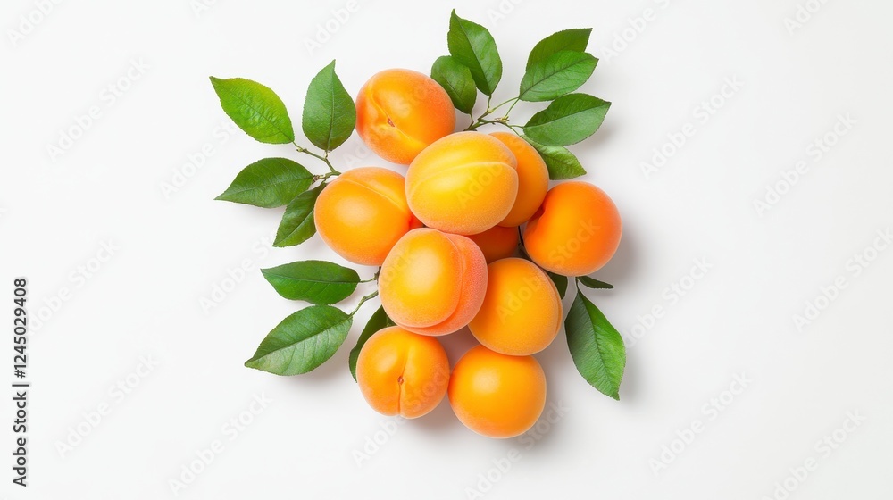 Fresh Apricots with Leaves on White Background for Healthy Eating Fresh Apricots with Leaves on White Background for Healthy Eating