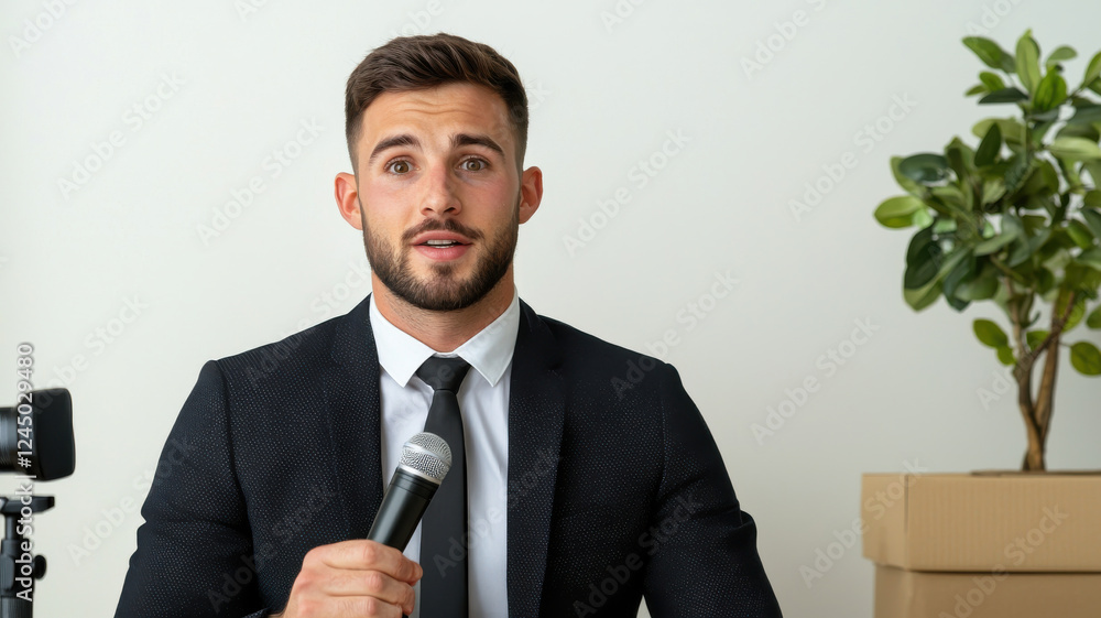 Job Interview Atmosphere Concept, Professional man in suit speaking into microphone during interview Job Interview Atmosphere Concept, Professional man in suit speaking into microphone during interview