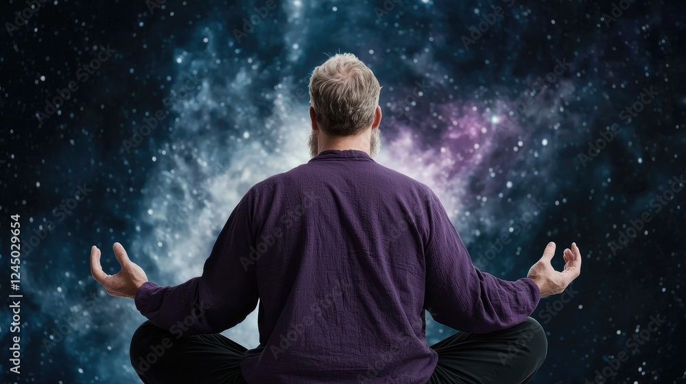 Fototapeta premium Man meditates cosmic background, universe, peace, mindfulness, spiritual