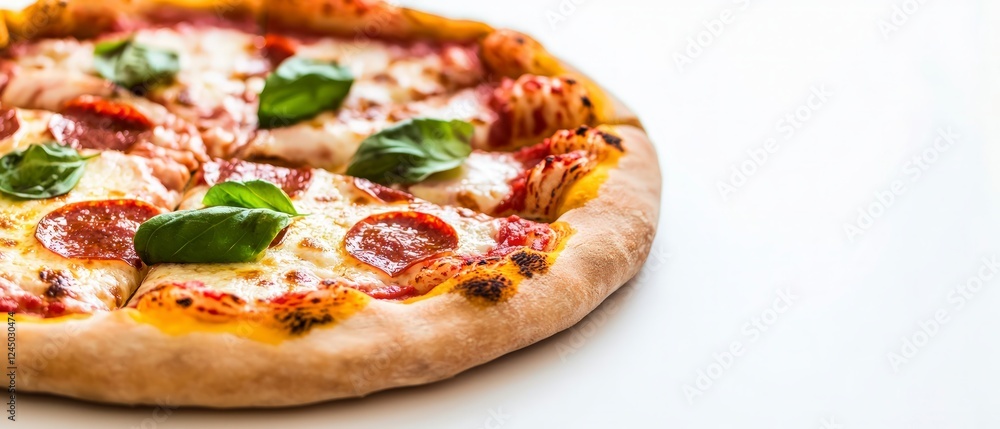 Delicious Pepperoni Pizza with Basil Top View White Background Delicious Pepperoni Pizza with Basil Top View White Background
