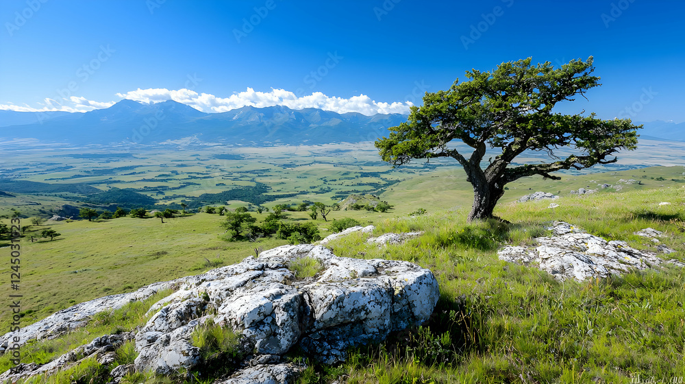 Lone tree on rocky hilltop, mountain valley view Lone tree on rocky hilltop, mountain valley view