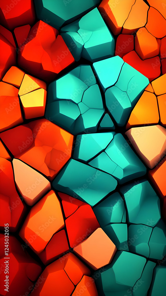 Abstract 3D Render of Cracked Surface Shows Red, Orange, and Teal Geometric Shapes in Close-Up Abstract 3D Render of Cracked Surface Shows Red, Orange, and Teal Geometric Shapes in Close-Up