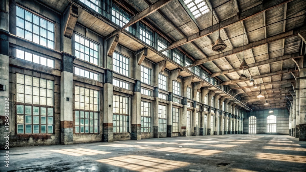 Fototapeta premium Abandoned concrete industrial hall with high ceilings and large windows, large window, industrial architecture