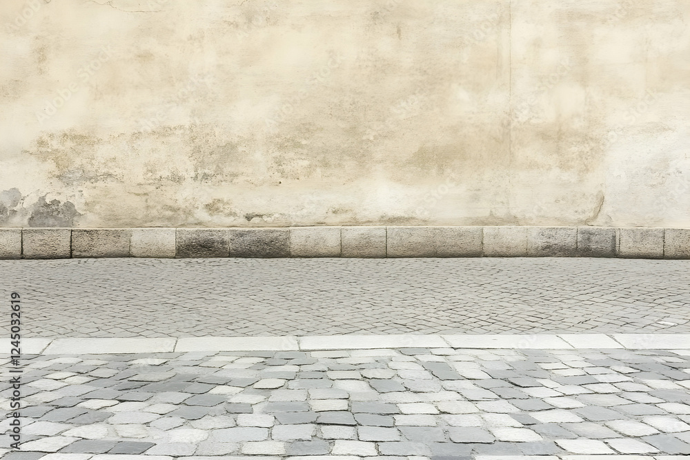 Fototapeta premium Cobblestone Street Meets Weathered Wall in Urban Setting Seamlessly with Historic Charm