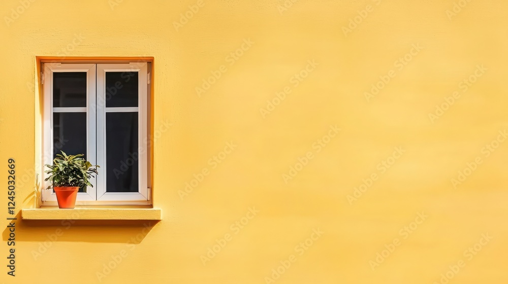 Fototapeta premium Sunny Yellow Wall with Window Plant Minimalist Design
