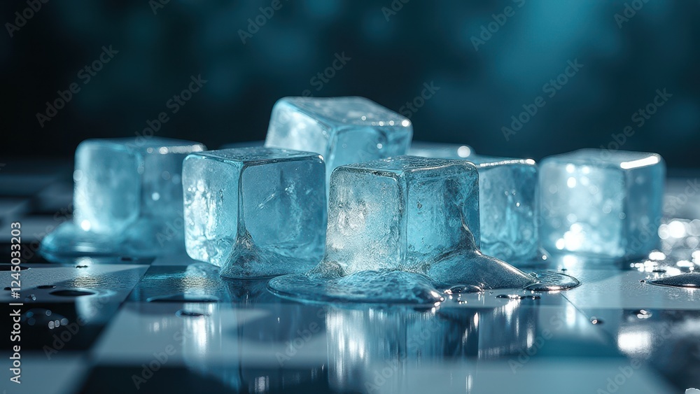Melting ice cubes arranged on a chessboard with water droplets on the surface Melting ice cubes arranged on a chessboard with water droplets on the surface