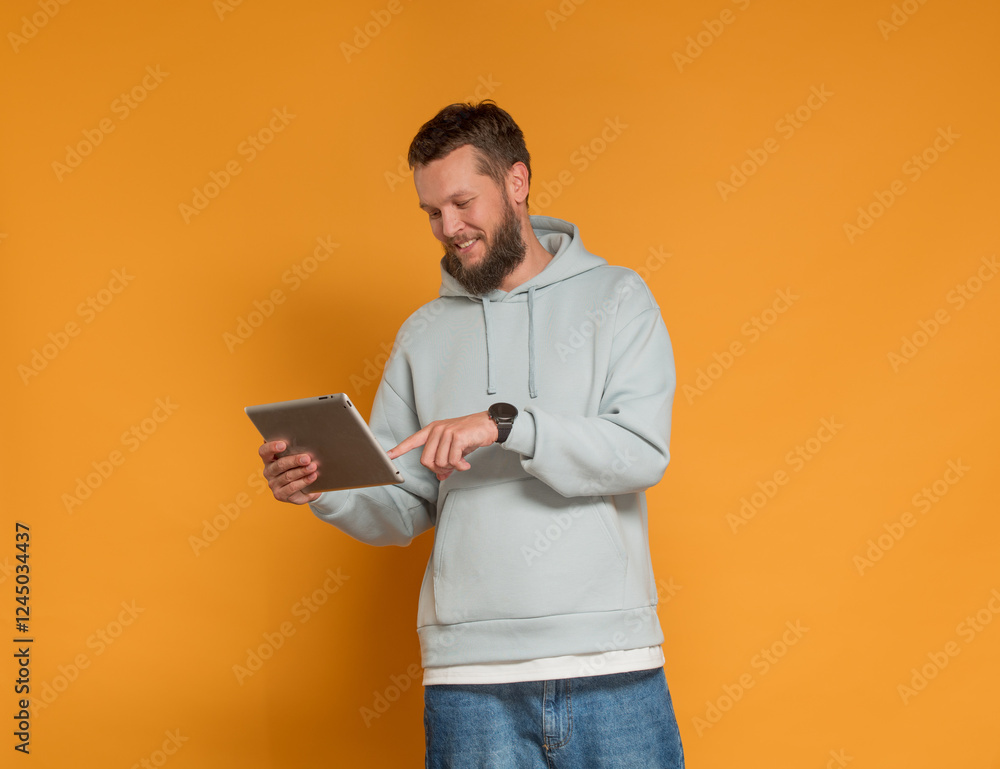 modern bearded man with tablet recommends approves something modern bearded man with tablet recommends approves something
