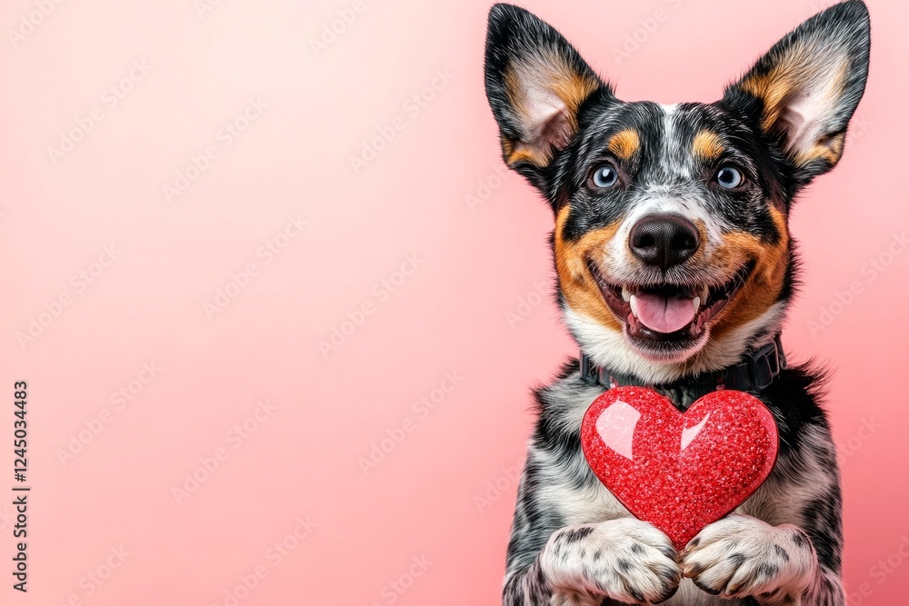 Australian cattle dog - my desired dog. Marketing conceptual art. Cute australian cattle dog pup with diamond red heart - sign of love, funny greeting card. Valentine's cute puppy poses. Australian cattle dog - my desired dog. Marketing conceptual art. Cute australian cattle dog pup with diamond red heart - sign of love, funny greeting card. Valentine's cute puppy poses.