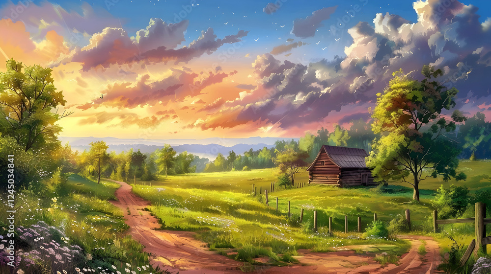 Serene countryside landscape at sunset with a rustic cabin and vibrant sky, ideal for relaxation Serene countryside landscape at sunset with a rustic cabin and vibrant sky, ideal for relaxation