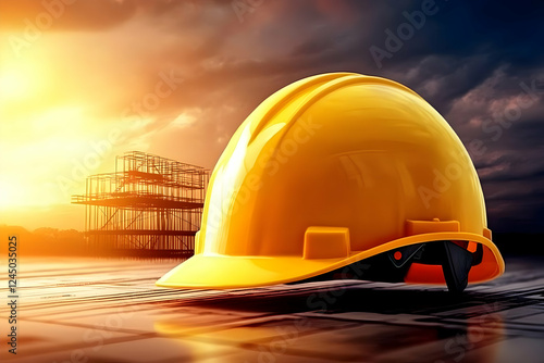 Yellow Hard Hat Sits on Blu...