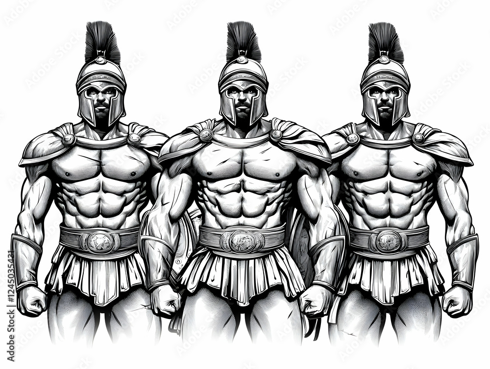 Fototapeta premium Three Powerful Warriors Stand Ready for Battle in Detailed Illustration