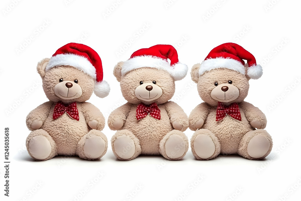 Three Adorable Teddy Bears Wear Santa Hats and Bows, Celebrating the Holiday Season Festively. Three Adorable Teddy Bears Wear Santa Hats and Bows, Celebrating the Holiday Season Festively.
