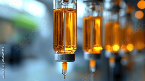 Amber liquid in syringes, automated filling line, factory background, pharmaceutical production