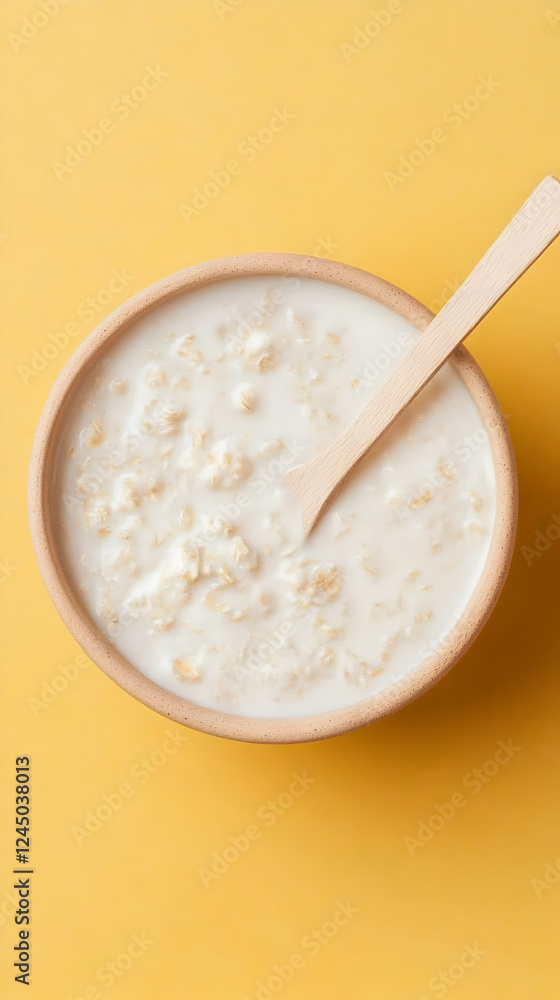A Bowl of Oatmeal with Milk Sits on a Vibrant Yellow Background, Ready for a Healthy Start A Bowl of Oatmeal with Milk Sits on a Vibrant Yellow Background, Ready for a Healthy Start