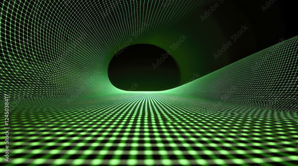 Obraz premium Abstract Green Digital Tunnel: A Futuristic 3D Grid Network Design, Exploring Connections and Data Structures in Cyberspace