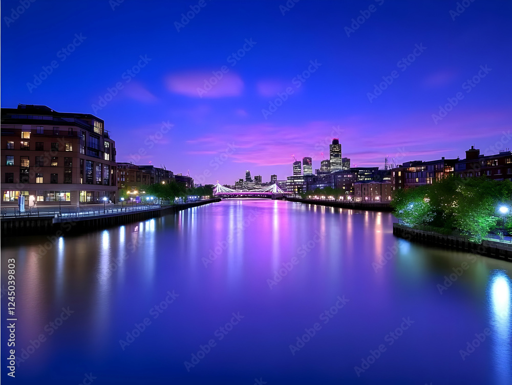 Obraz premium Cityscape reflects in tranquil river at dusk with vibrant illuminated bridge and skyline beautifully.