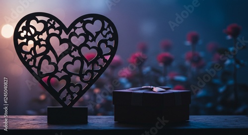 Creative cut-out silhouette of a heart revealing a blurred rose behind, a gift box photo