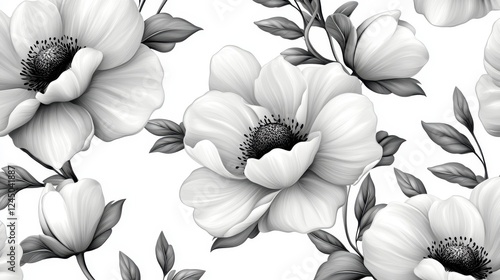 Elegant Black and White Floral Pattern with Anemone Flowers and Leaves