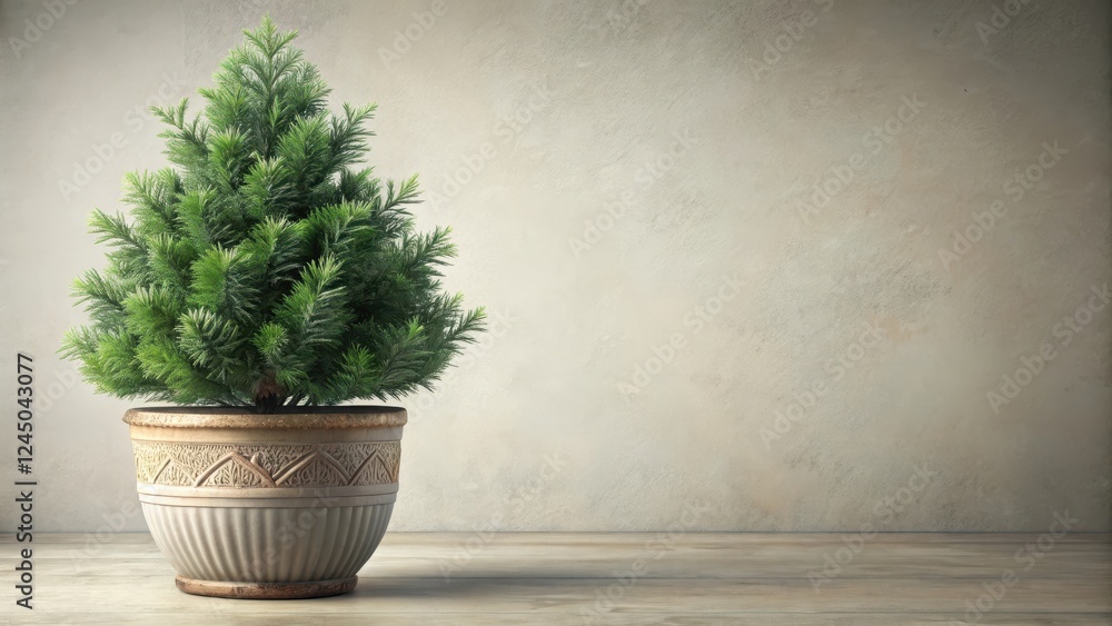 Evergreen Tree in Decorative Pot, plant details, botanical illustration, plant details Evergreen Tree in Decorative Pot, plant details, botanical illustration, plant details