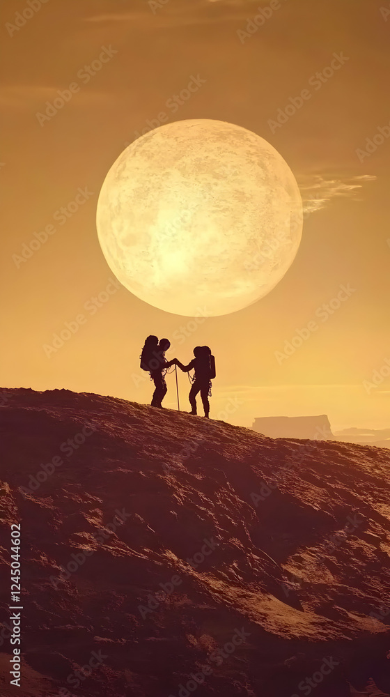Fototapeta premium Silhouetted Hikers Conquer Mountain Peak Under a Giant Full Moon at Sunset