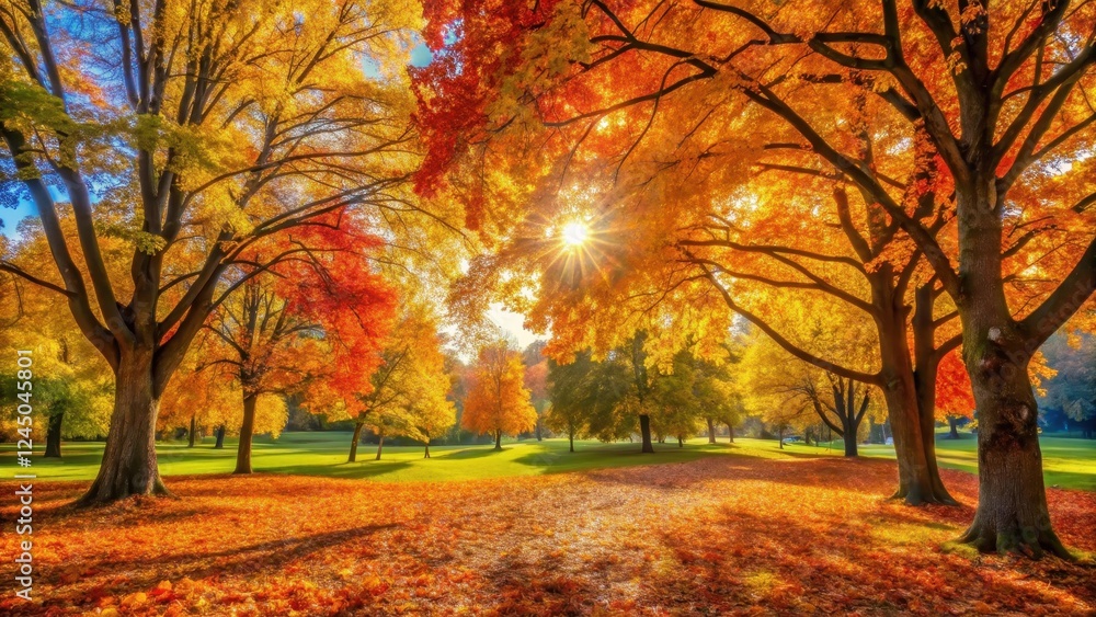 Sunny day in a park with vibrant autumn leaves and trees displaying golden yellow Sunny day in a park with vibrant autumn leaves and trees displaying golden yellow