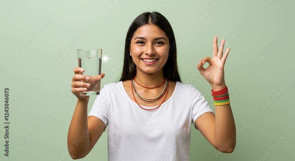 Woman Holding Glass of Water Showing Ok Sign Woman Holding Glass of Water Showing Ok Sign