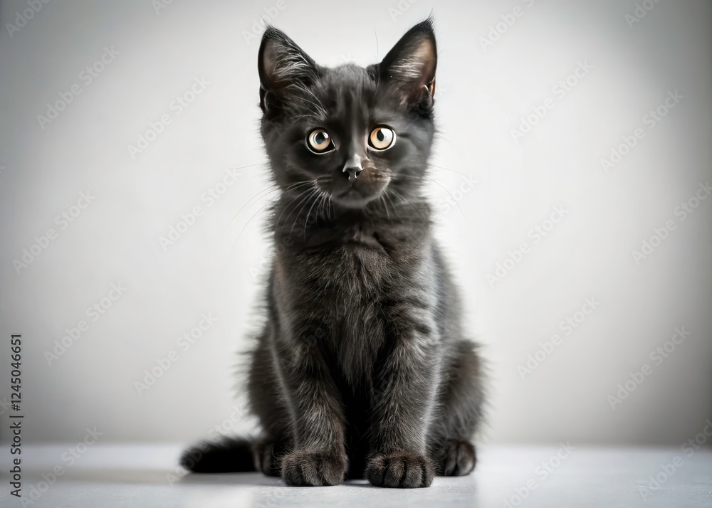 Obraz premium Black Kitten White Background Photography: Cute Pet Portraits, Adorable Cat Photoshoot, Studio Shot, Minimalist Animal Image