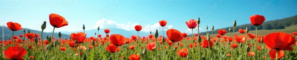 Obraz premium Blooming red corn poppies against the clear blue, poppies, landscape