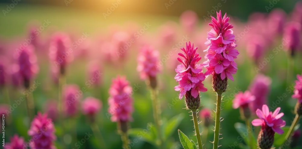 Fototapeta premium blooming pink flowers on thorny spiked veronica plants, floral field, blossom