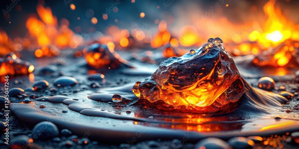 Water droplets on a frozen surface slowly melting and turning into molten lava Water droplets on a frozen surface slowly melting and turning into molten lava
