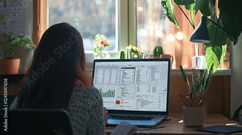 Analyst Examining Data and Graphs on Laptop Screen in Sunny Home Office Workplace Setting