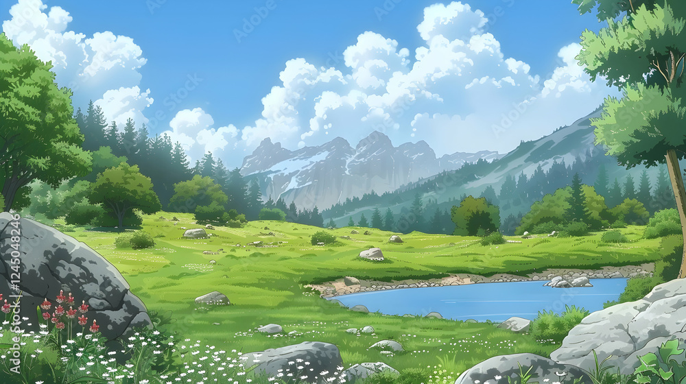 Obraz premium Serene landscape featuring a tranquil lake surrounded by lush greenery and majestic mountains