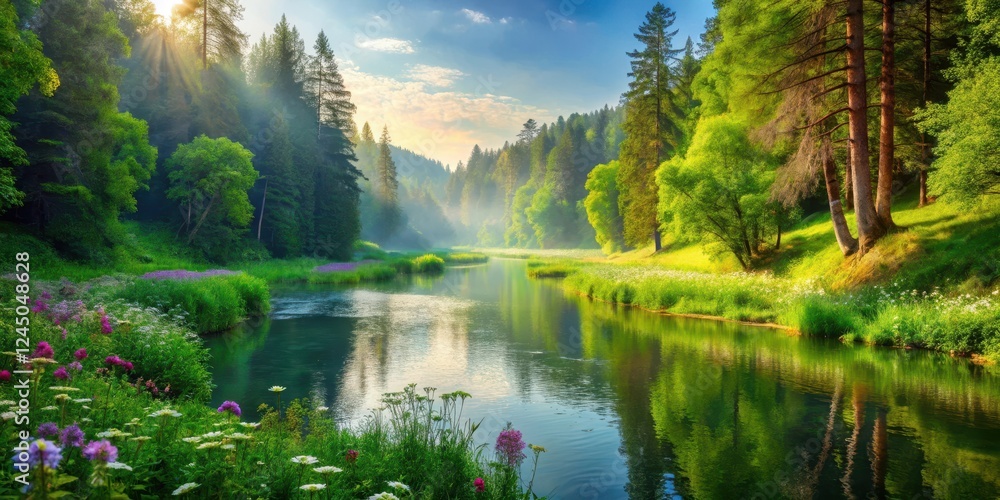 Obraz premium Serene forest landscape with lush greenery and a calm river flowing gently through the valley surrounded by tall trees and vibrant wildflowers, forest landscape, nature