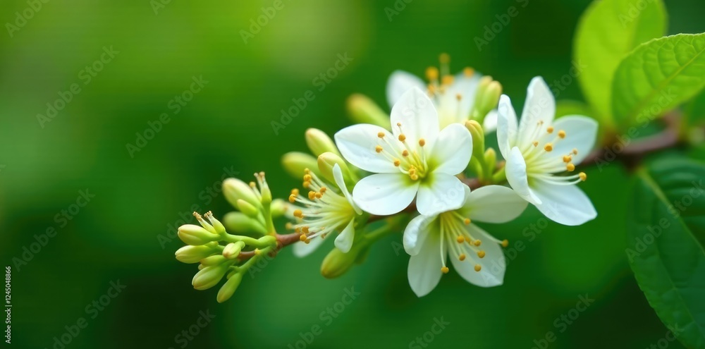 delicate white blooms of honeysuckle lat Lonicera caprifolium on stem, garden, nature, greenery delicate white blooms of honeysuckle lat Lonicera caprifolium on stem, garden, nature, greenery